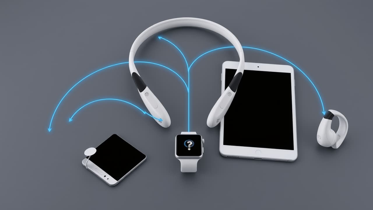 Icons representing different operating systems (Apple, Android) with headphones seamlessly connecting to them
