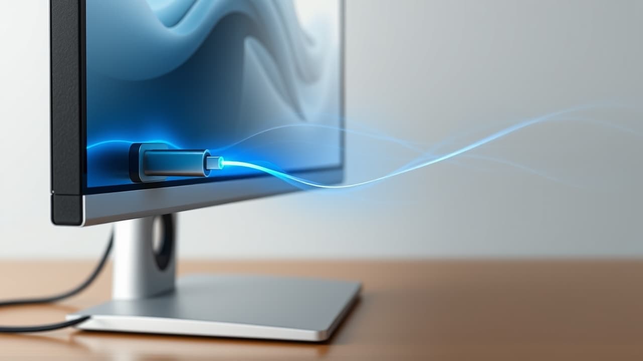 A laptop connected to a monitor with a single USB-C cable, symbolizing power, video, and data transfer