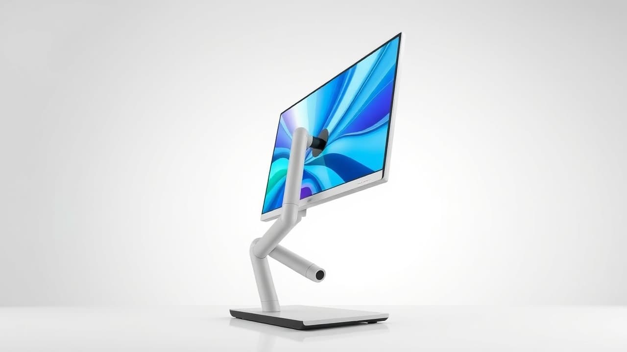 Monitor on an adjustable stand showing tilt, swivel, pivot, and height adjustments