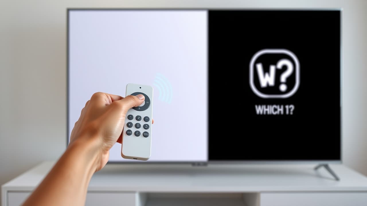 A hand holding a smart TV remote with voice control features
