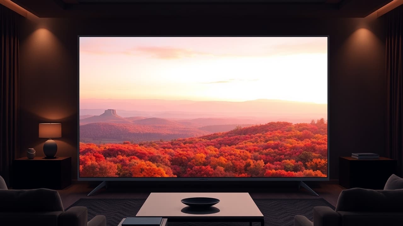 A 49-inch television screen displaying vibrant content in a modern living room setting