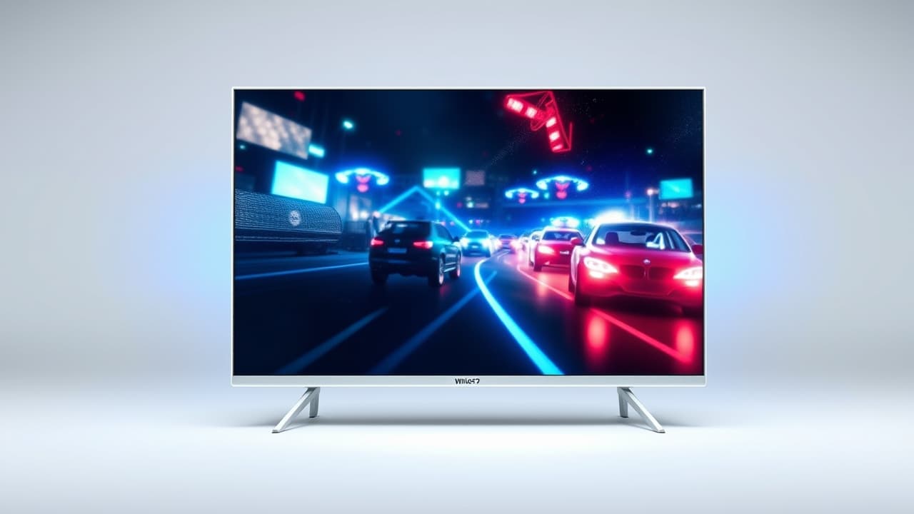 A television screen displaying a fast-paced video game with indicators for VRR, ALLM, and low input lag