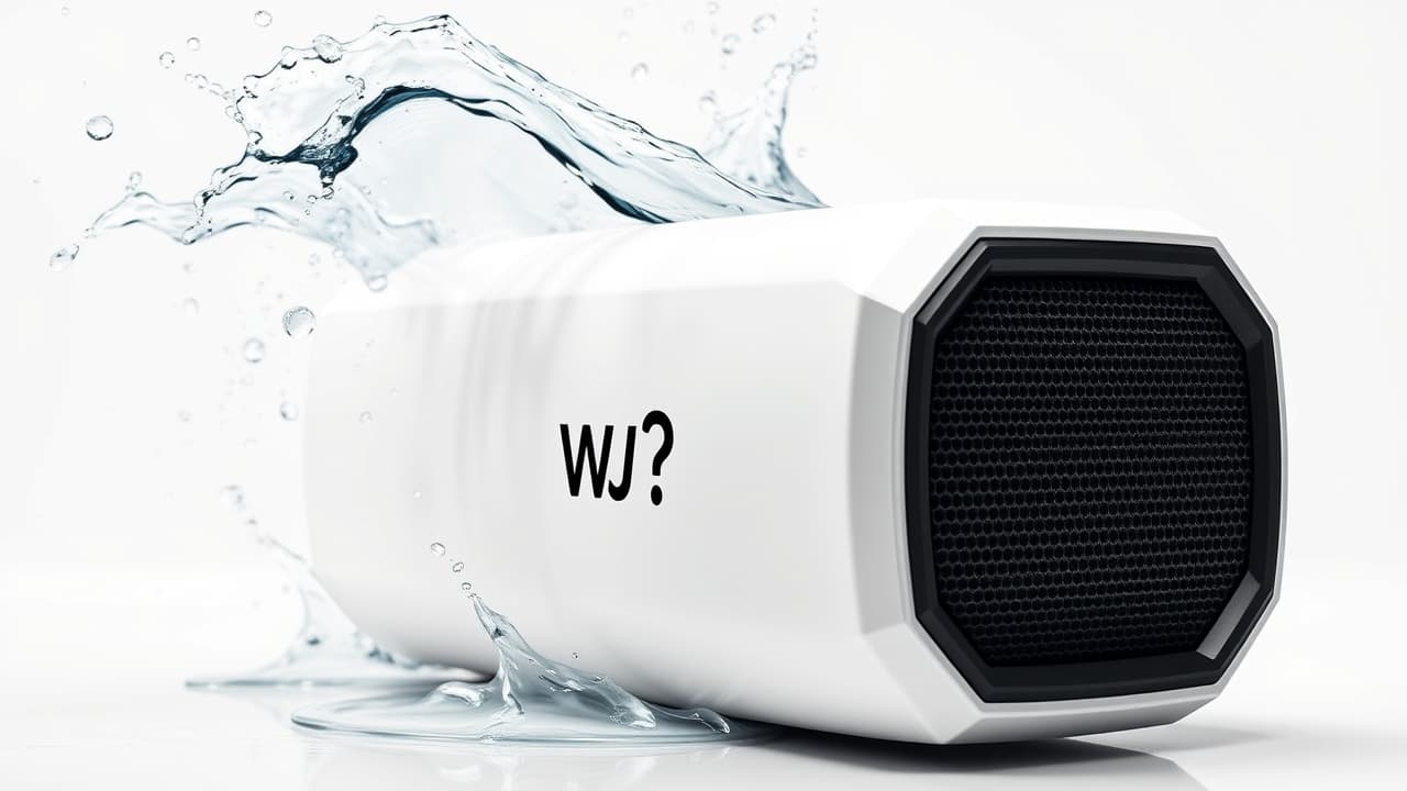 A rugged Bluetooth speaker with water splashing around it, indicating water and dust resistance.