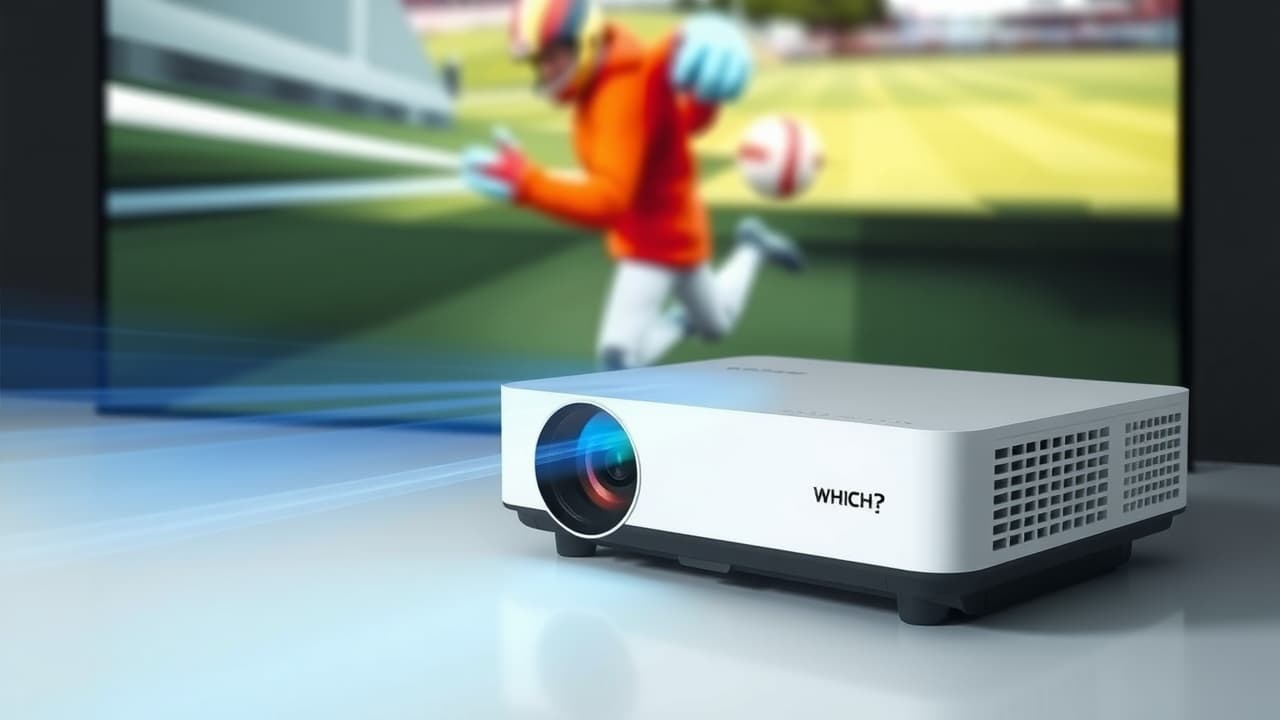 A gamer reacting to a fast-paced game on a projector screen, emphasizing responsiveness and smooth motion