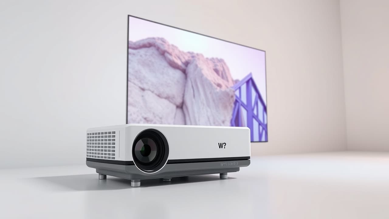 A projector casting a large image onto a wall, with lines indicating throw distance for different screen sizes