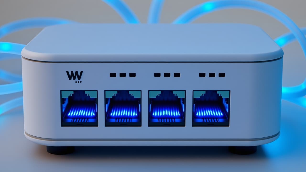 Close-up of a modem's back panel showing multiple Ethernet ports