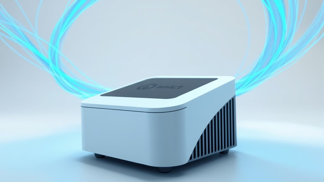 A speedometer indicating high internet speeds with a modem in the background