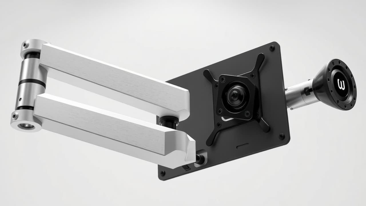 Close-up of a monitor arm joint made from high-quality aluminum alloy, showing robust construction