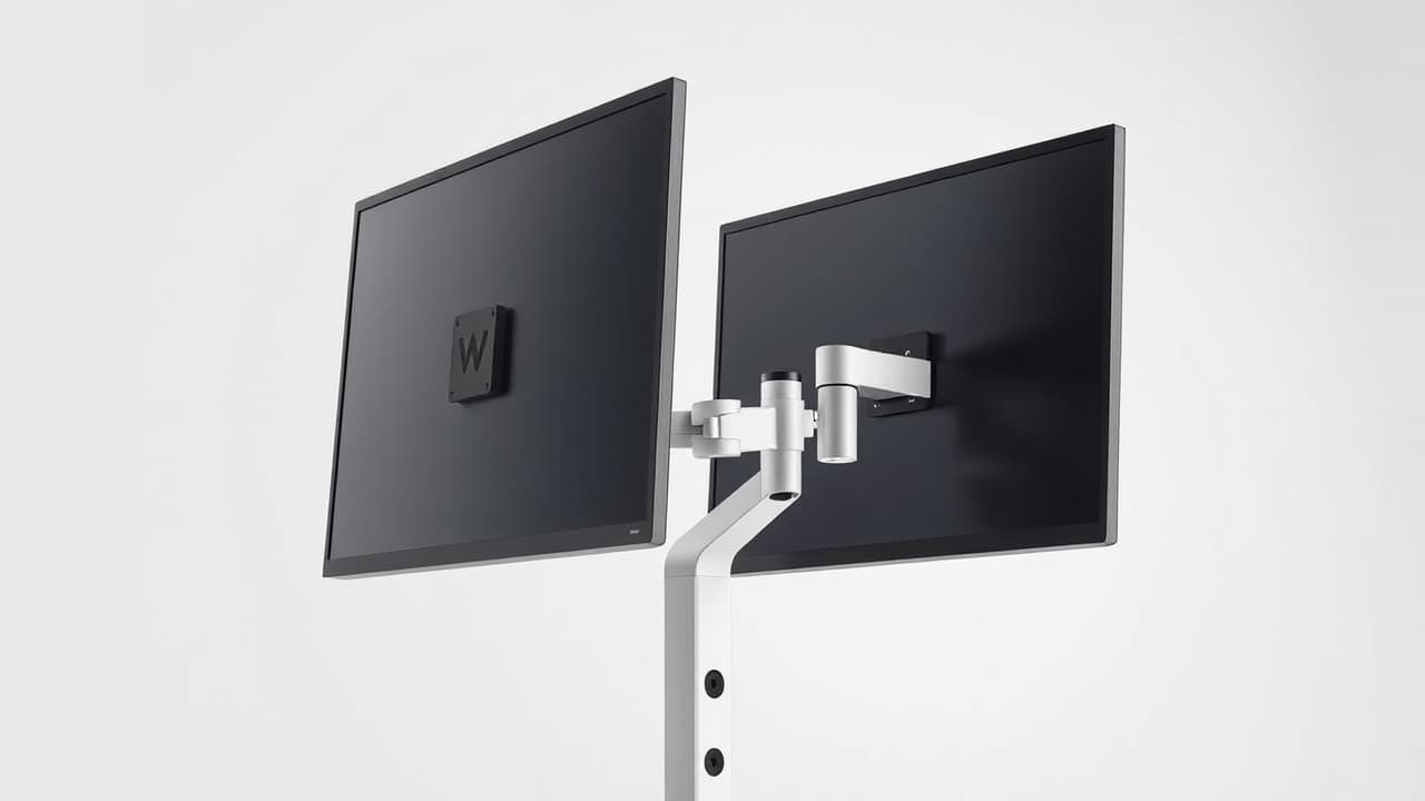Heavy monitor being securely held by a robust monitor arm, illustrating weight capacity