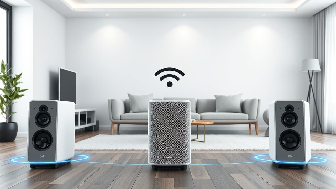 Icons representing various music streaming services and smart home platforms, illustrating multiroom speaker compatibility