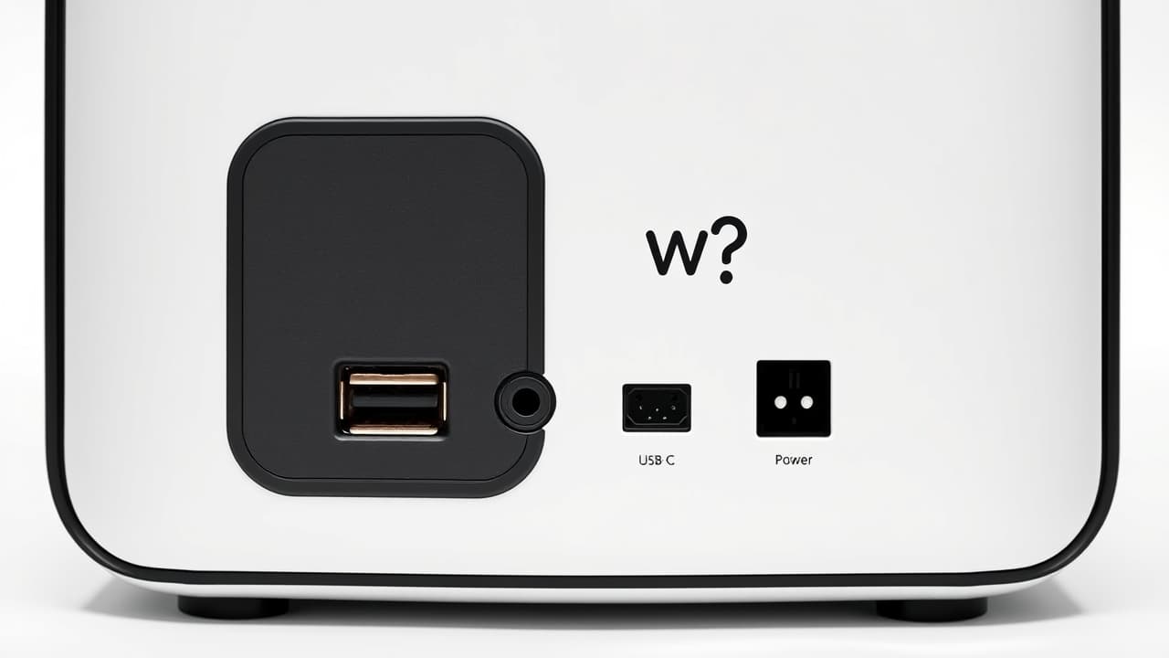 A close-up of a speaker's rear panel showing various audio input ports like AUX and Ethernet