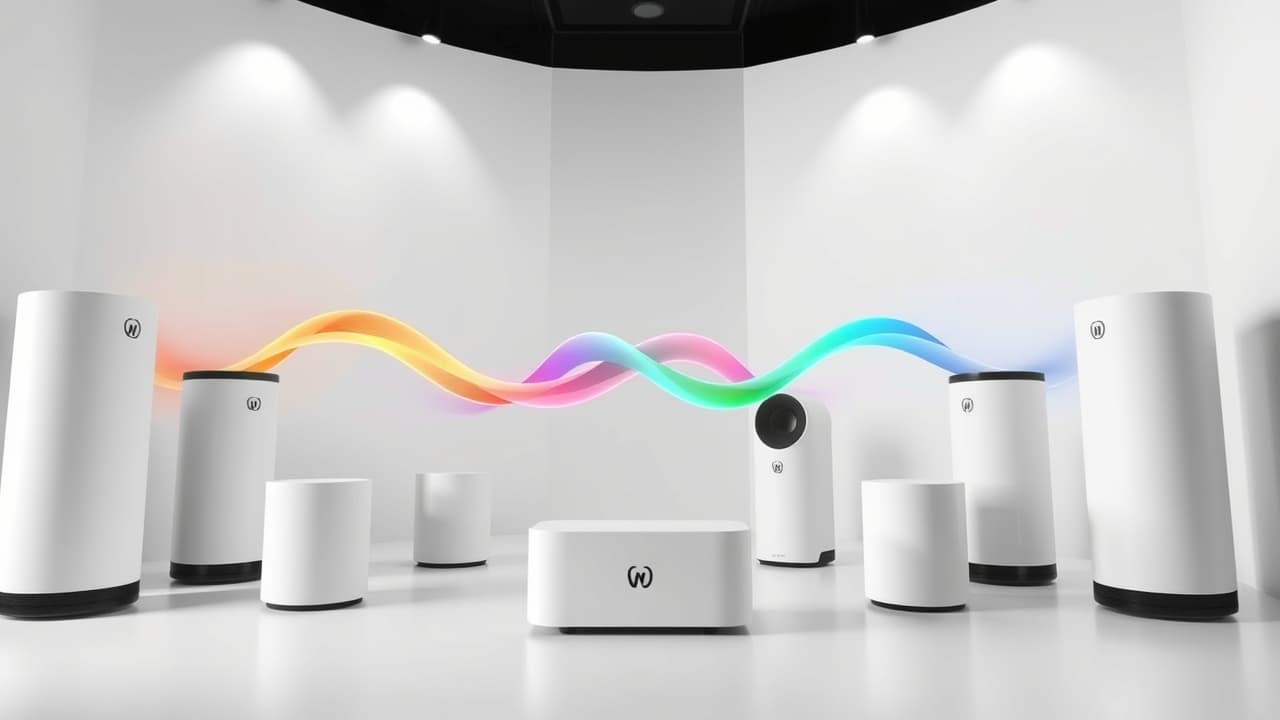 Speaker setup diagram showing stereo pairing and surround sound configurations for a multiroom system