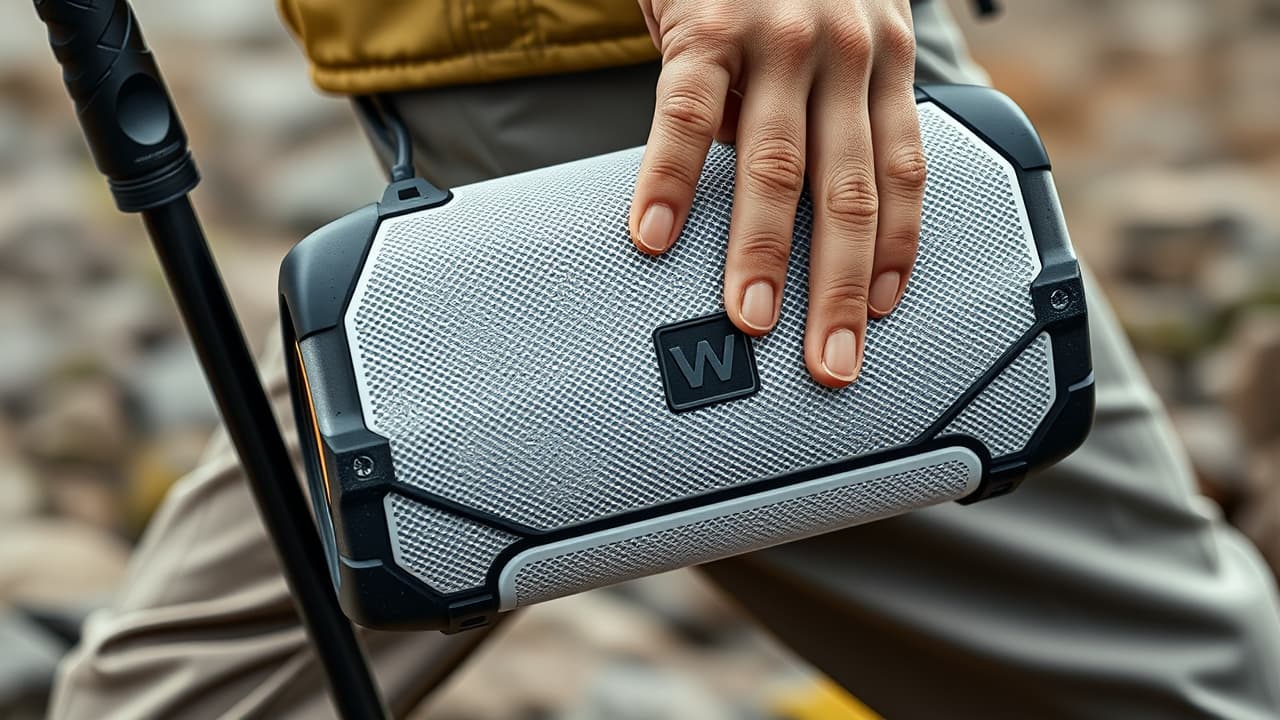 A portable multiroom speaker being used outdoors near water, highlighting its durability and water resistance