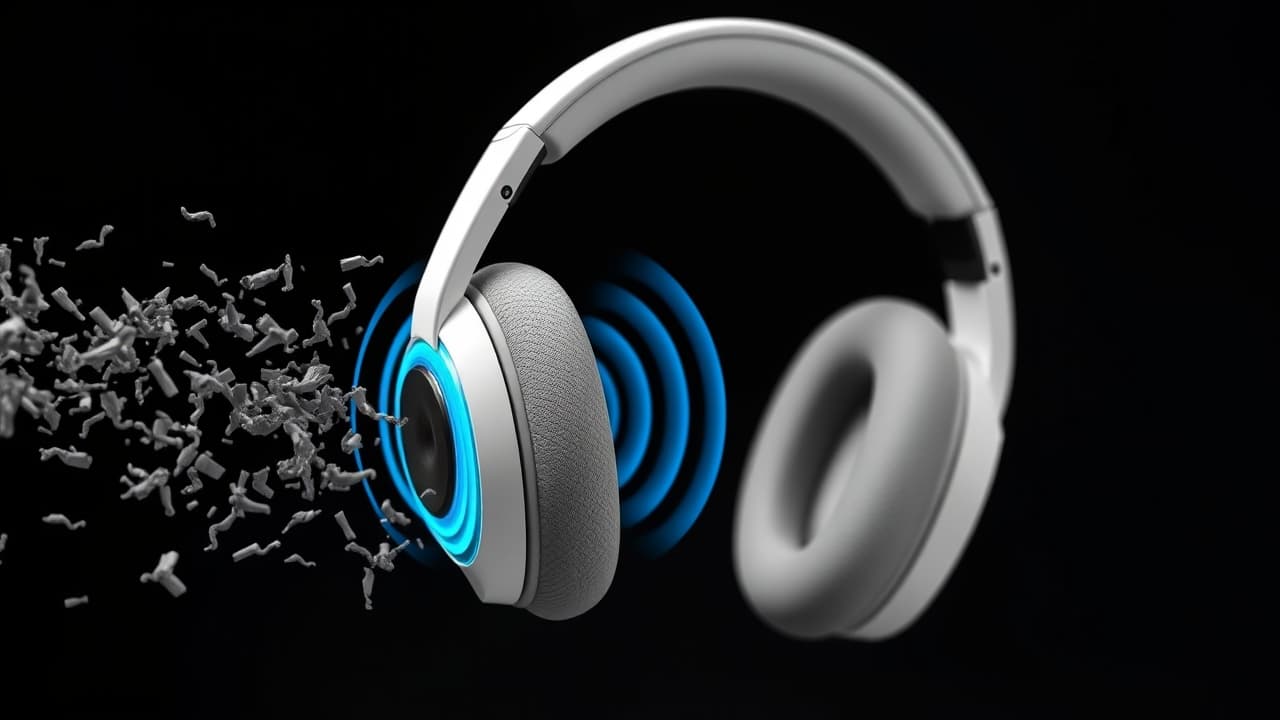 Person wearing noise-cancelling headphones in a busy environment, illustrating effective noise reduction