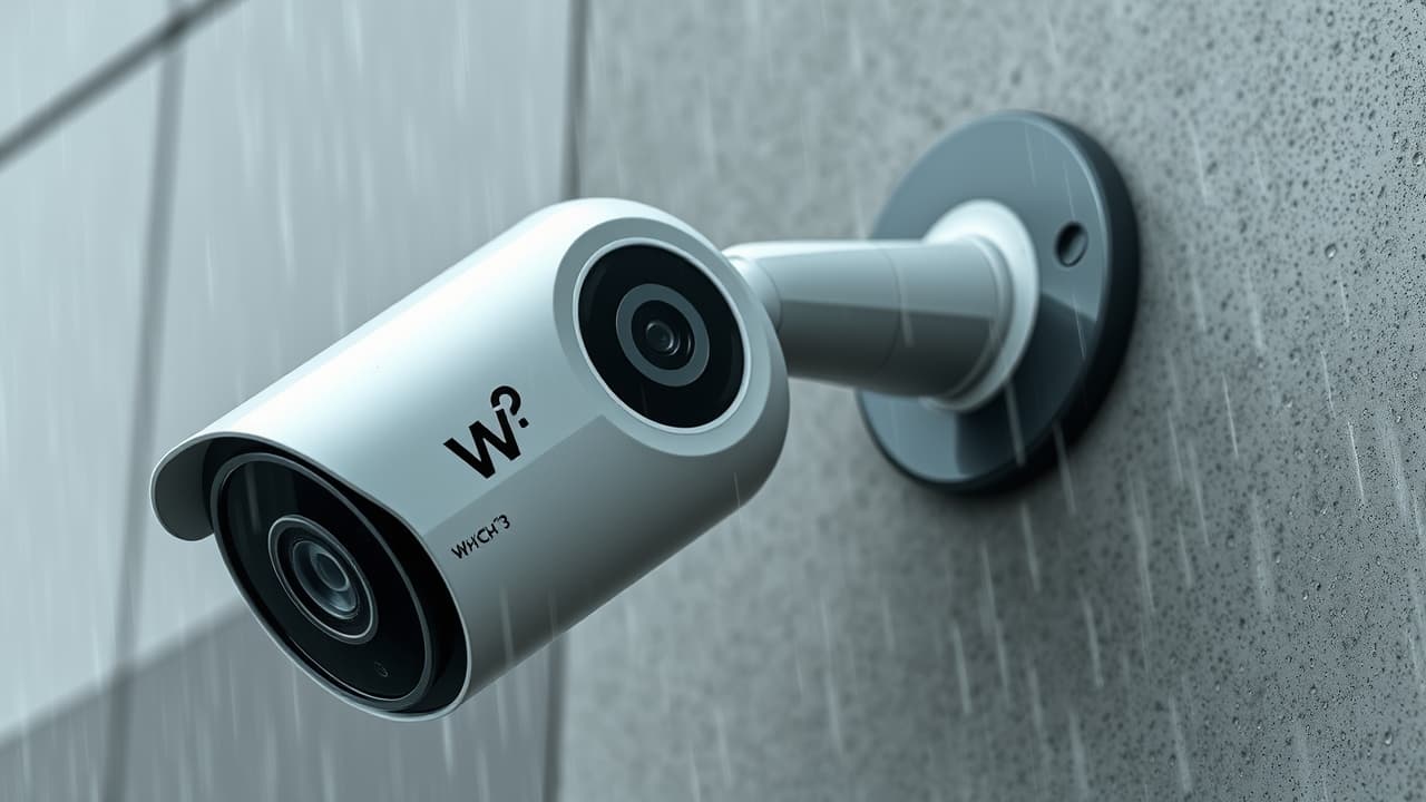 An outdoor security camera enduring rain and wind, illustrating its weather-resistant design