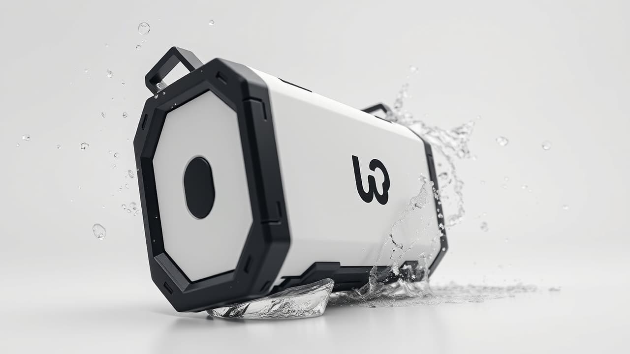 A rugged portable Bluetooth speaker being splashed with water on a beach, highlighting its durability