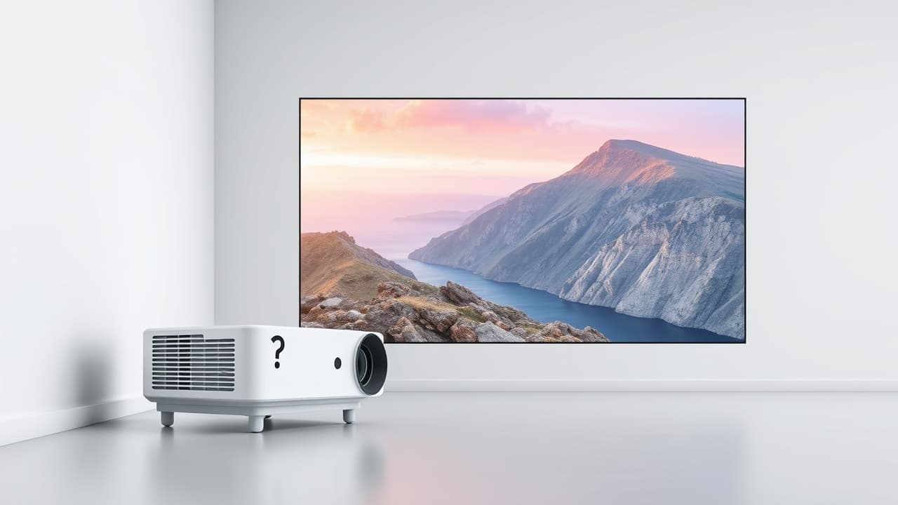 Illustration showing a projector at different distances from a wall, creating varying screen sizes (throw ratio)