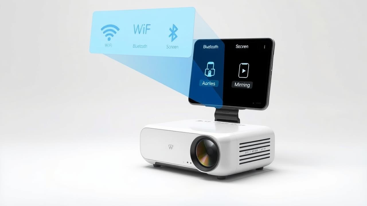 User interface of a smart projector showing various streaming app icons like Netflix, YouTube, Prime Video, alongside various connectivity ports