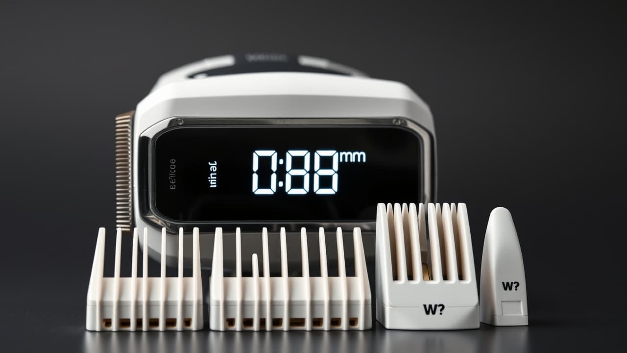 Adjustable beard trimmer with various guide combs and a length setting dial.