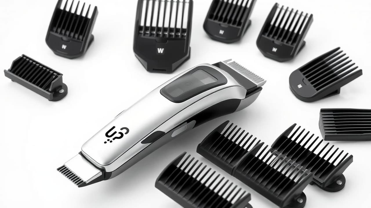 A professional beard trimmer with various interchangeable heads and guide combs.