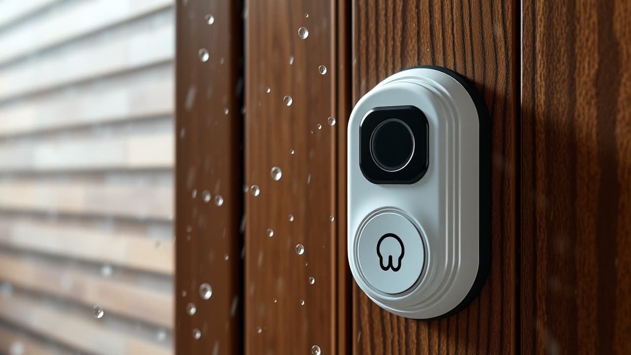 A smart lock on a door with rain and wind effects, indicating weather resistance and robust construction