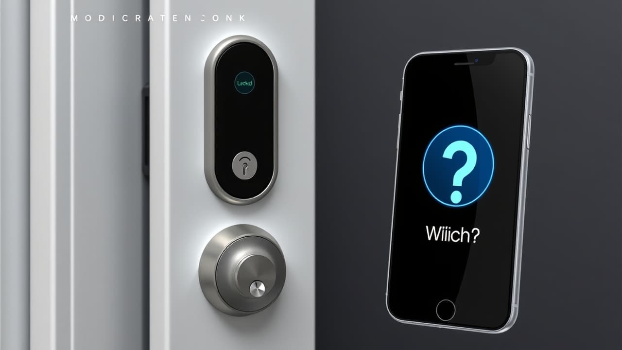 A smartphone screen showing a smart lock app with lock/unlock buttons and activity log, connected to a door icon