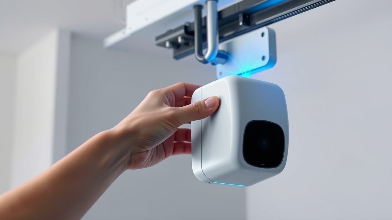 Person installing a smart garage door controller with a smartphone showing instructions