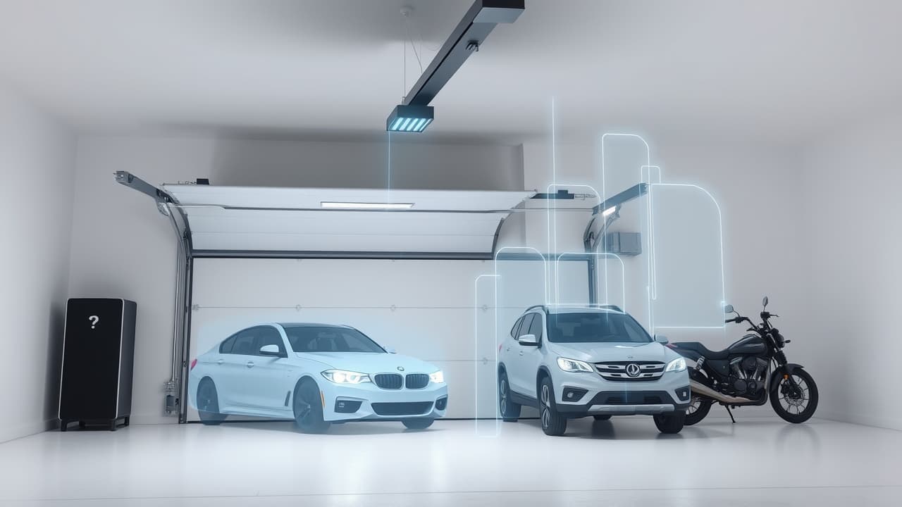 Car dashboard screen displaying smart garage door opener controls via Apple CarPlay or Android Auto