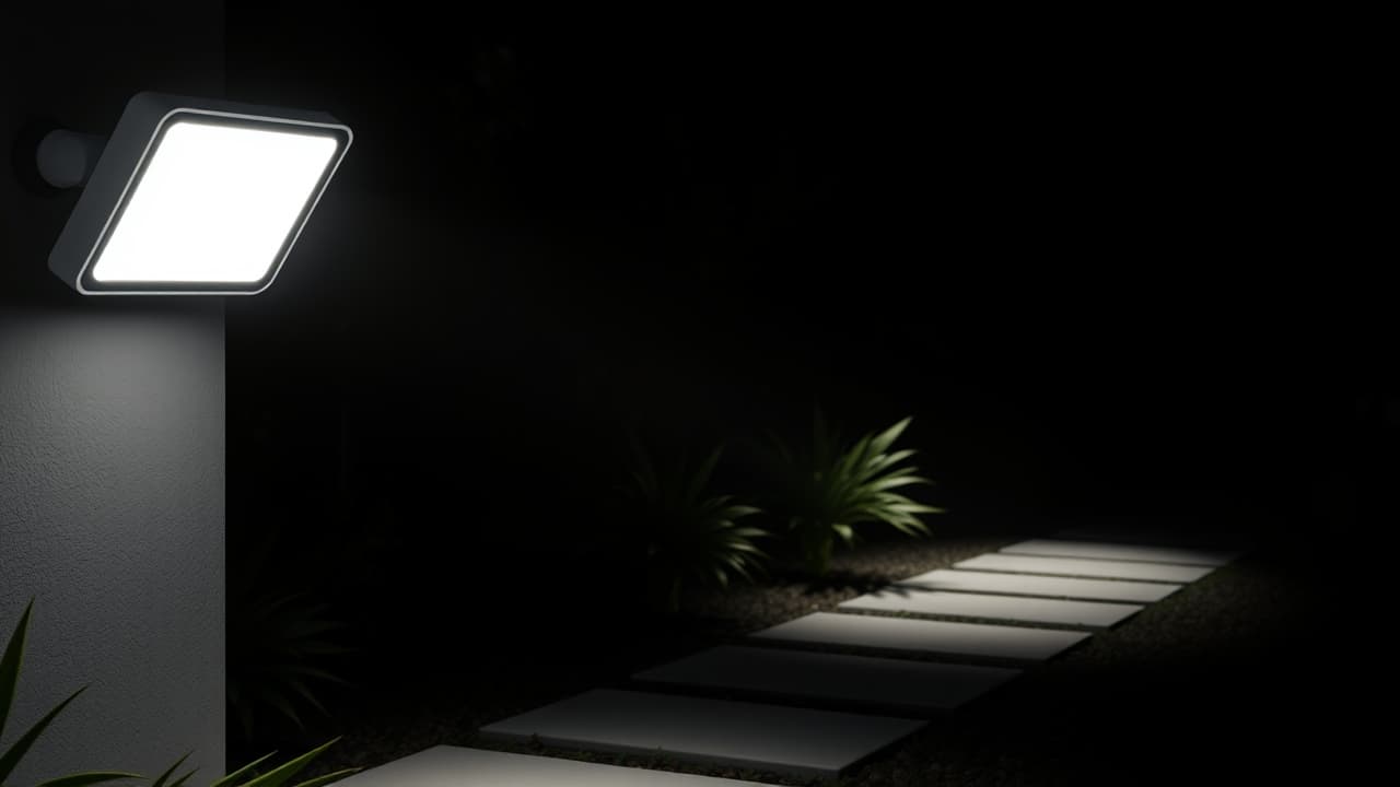 Illustration showing different lumen levels for smart outdoor lighting, from subtle path lights to bright floodlights