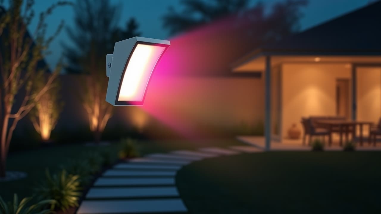 Smart outdoor string lights displaying a vibrant array of colors, with options for dimming