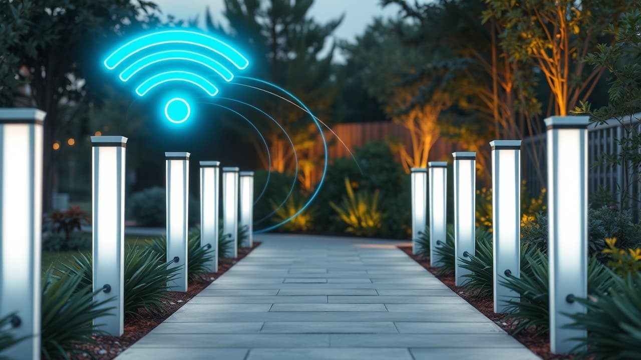 Diagram showing various smart outdoor lights connected via Wi-Fi, Zigbee, and Bluetooth to a central hub and smartphone