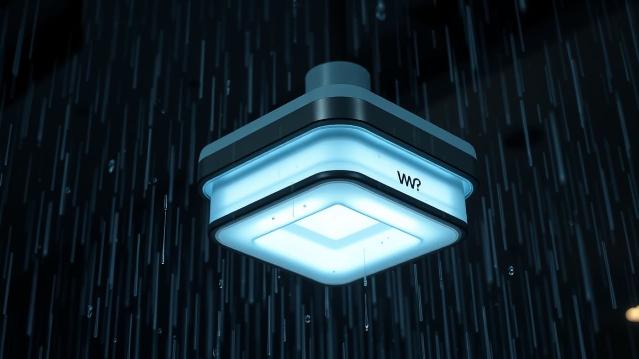 Smart outdoor light fixture enduring heavy rain and snow, highlighting its weather resistance