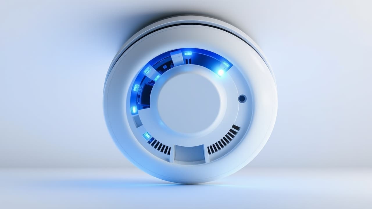 A smartphone app interface showing 'Self-Test Complete' and 'Device Status: OK' for a smart smoke alarm, with options for remote testing