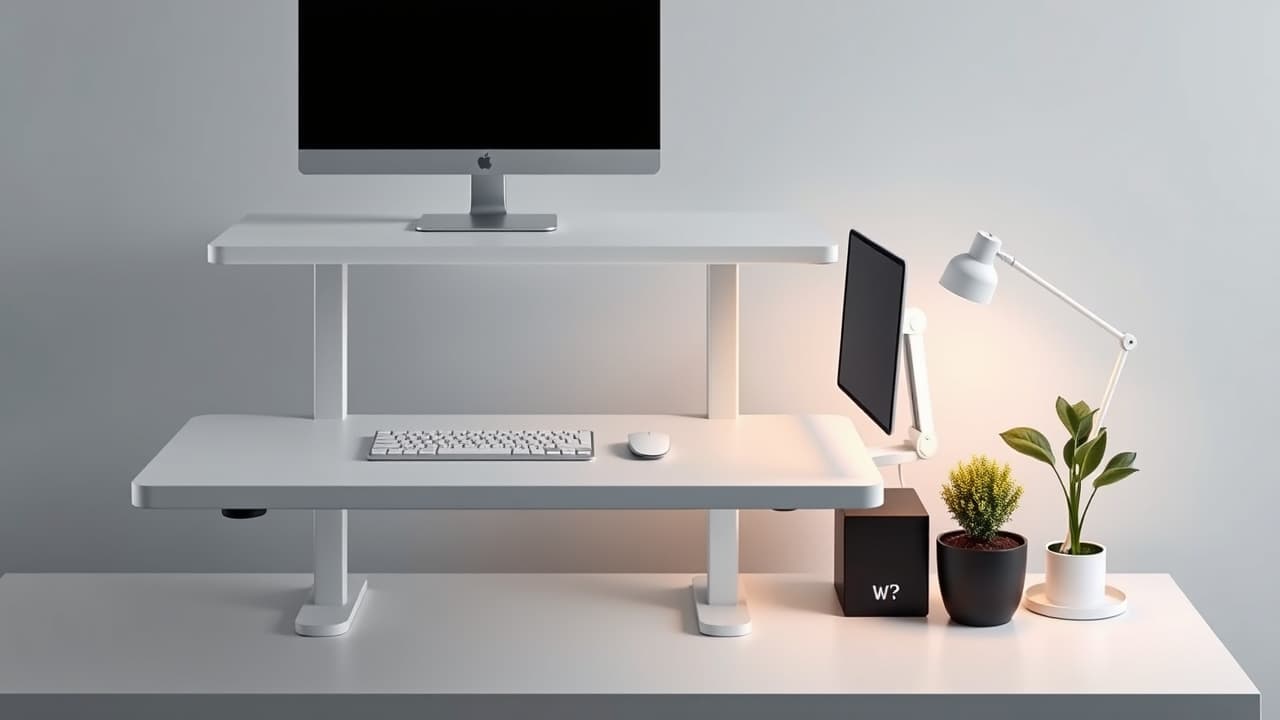 Various standing desk accessories like a monitor arm, anti-fatigue mat, and storage drawer enhancing a workstation.