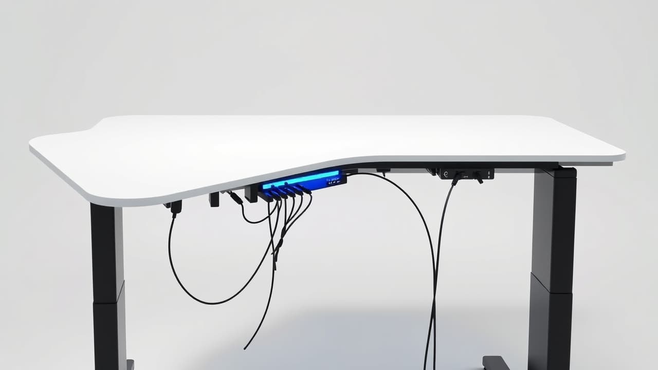 An organized standing desk with cables neatly tucked away using integrated cable management solutions and trays.