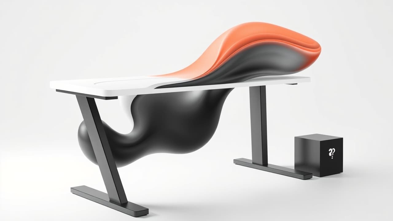 A customizable standing desk with various desktop materials, frame colors, and accessory options laid out.