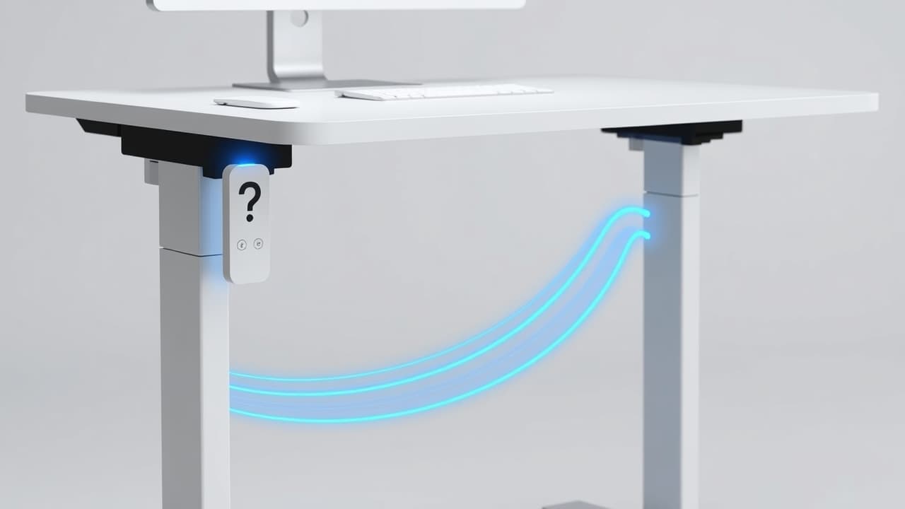 A desk control panel with memory presets, an LCD screen, and buttons for smart features like sit-stand reminders.