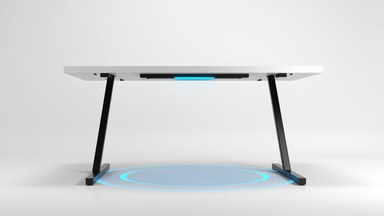 A standing desk demonstrating rock-solid stability with multiple monitors and equipment, showing no wobble.