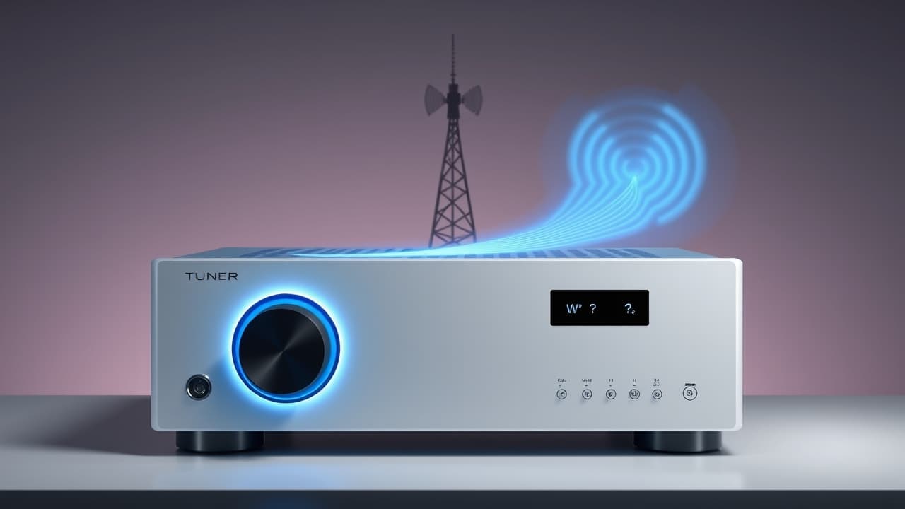 Front panel of a stereo receiver showing an AM/FM tuner display with station presets