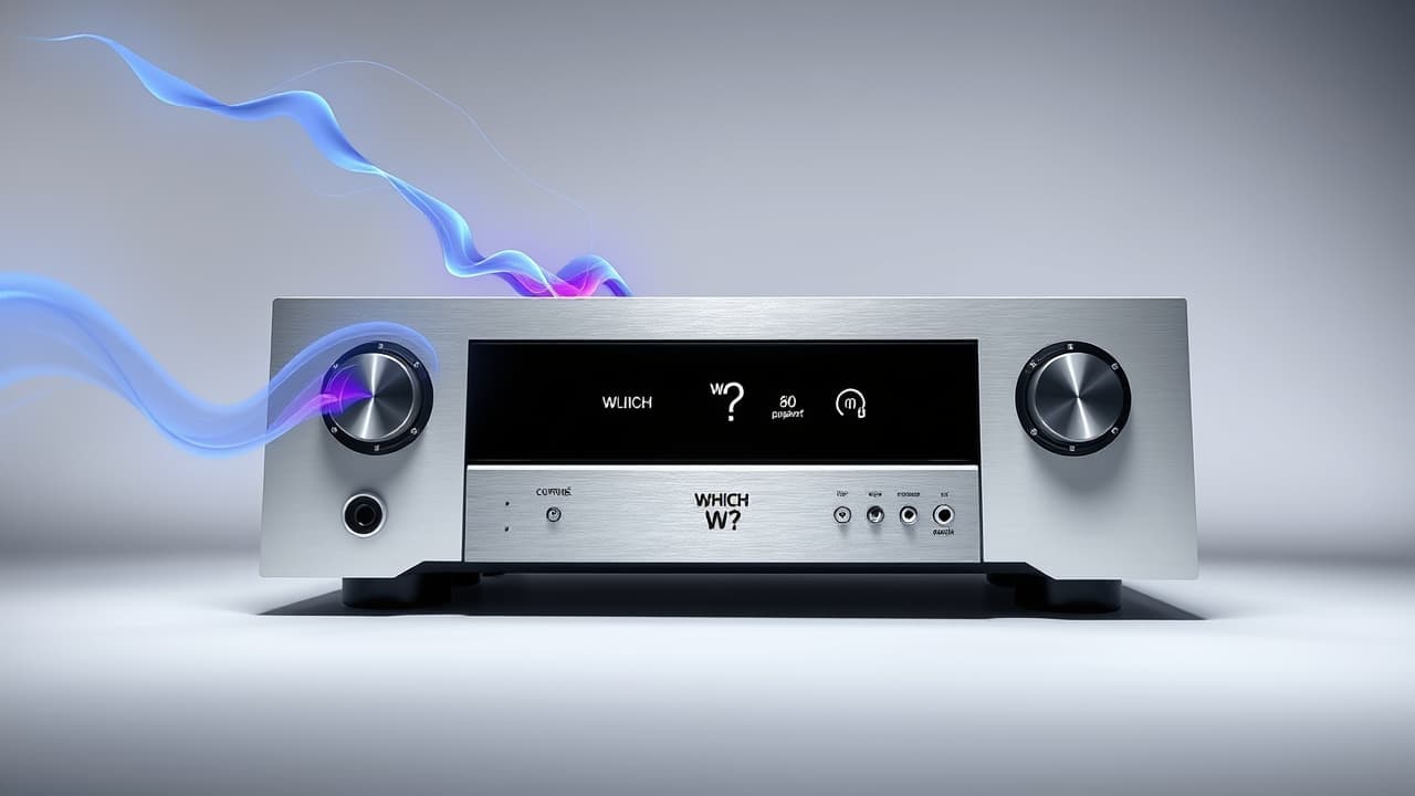 Close-up of a stereo receiver's rear panel showing speaker terminals and power ratings