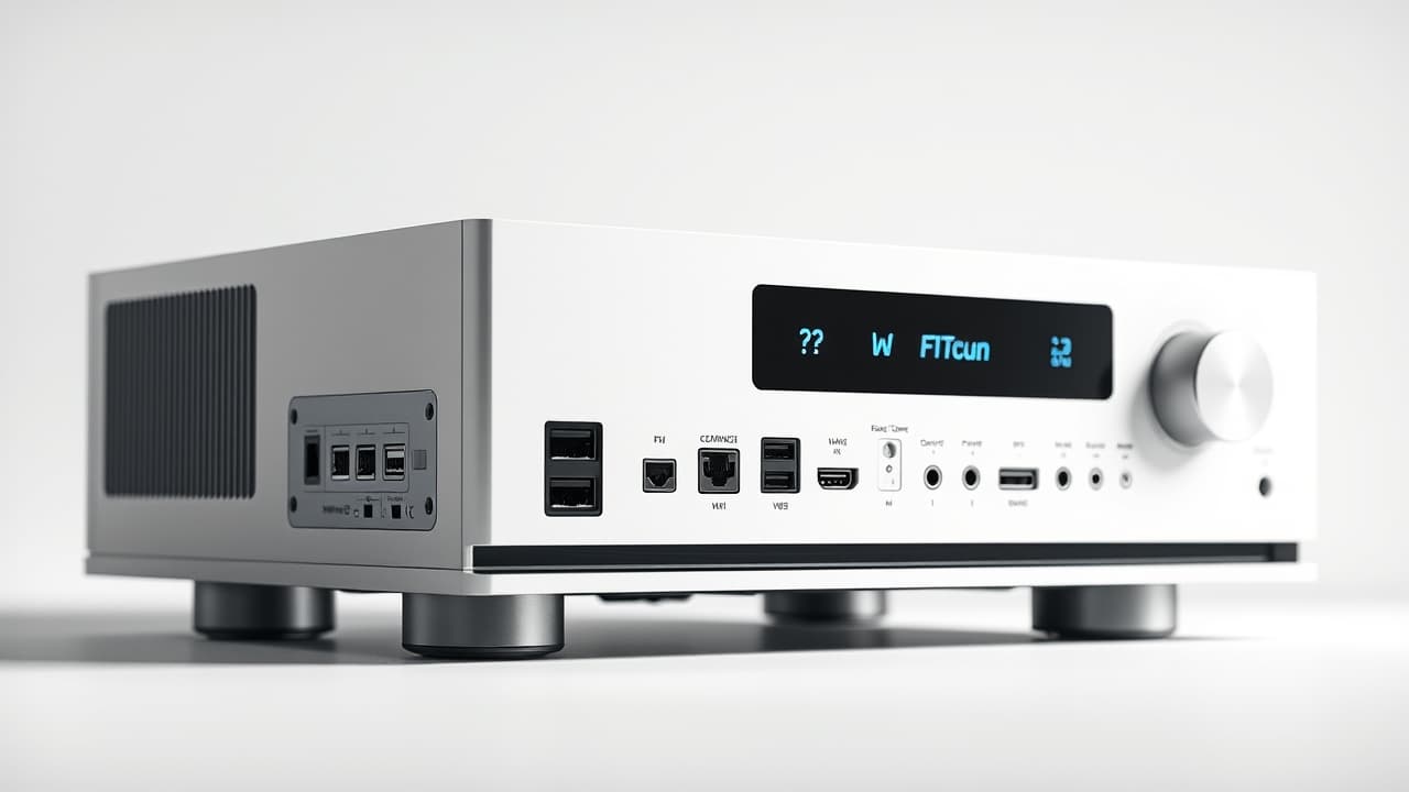 Rear view of a stereo receiver showing various input and output ports like HDMI, optical, coaxial, and analog