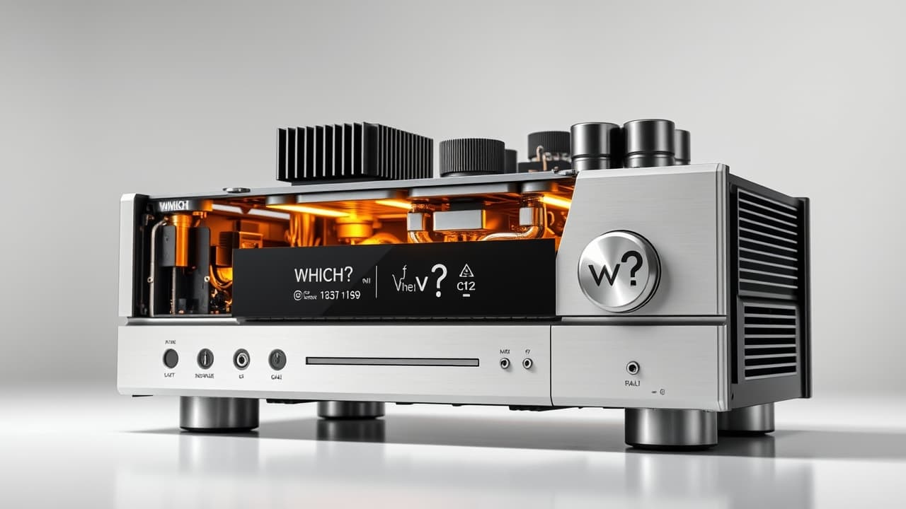 Interior view of a stereo receiver showing high-quality components, robust wiring, and heat sinks