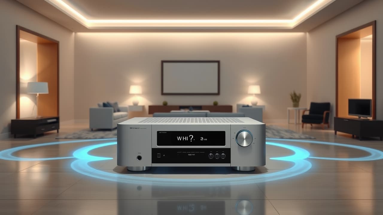 Illustration of a house with different rooms, each playing music from a central stereo receiver system