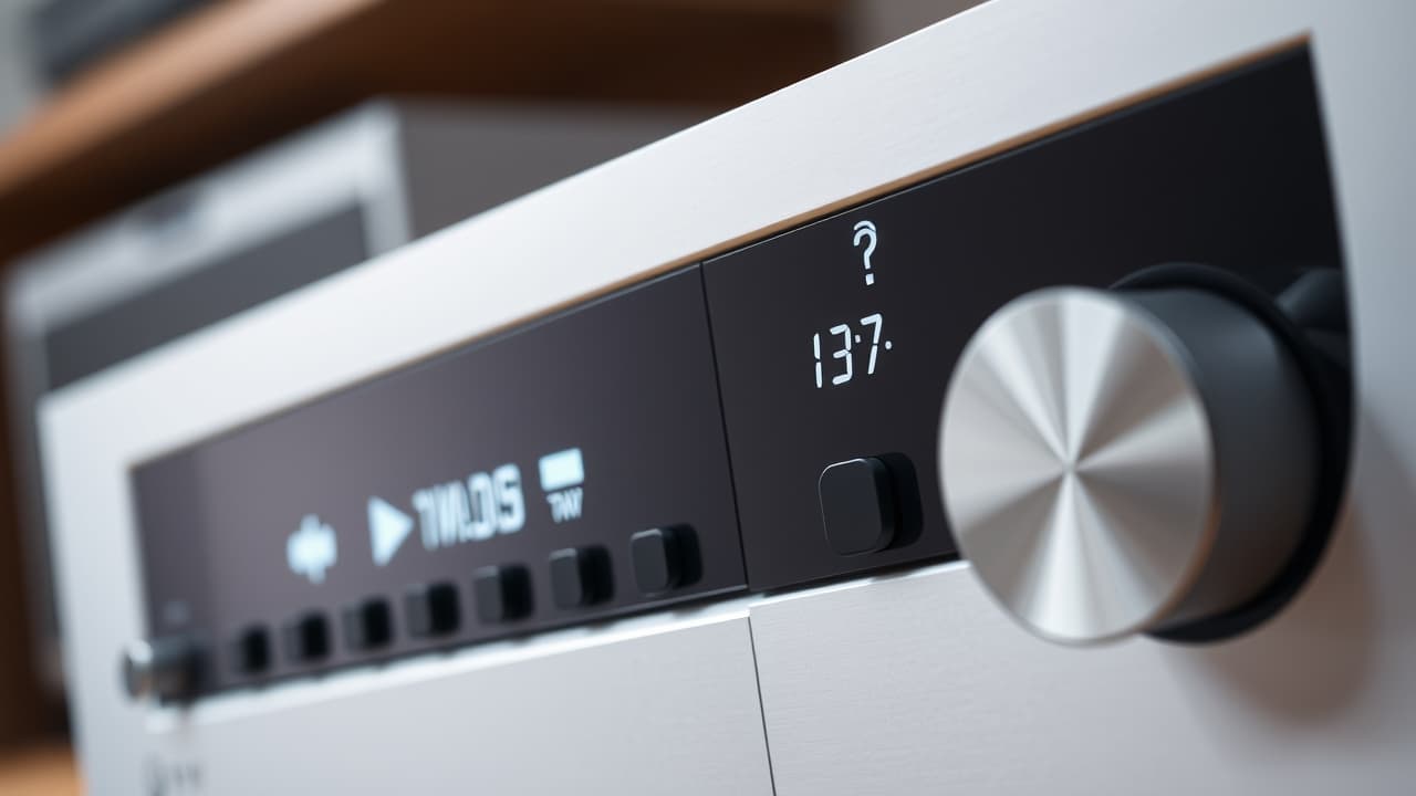 Close-up of a stereo receiver's front panel with clear display, intuitive buttons, and a remote control