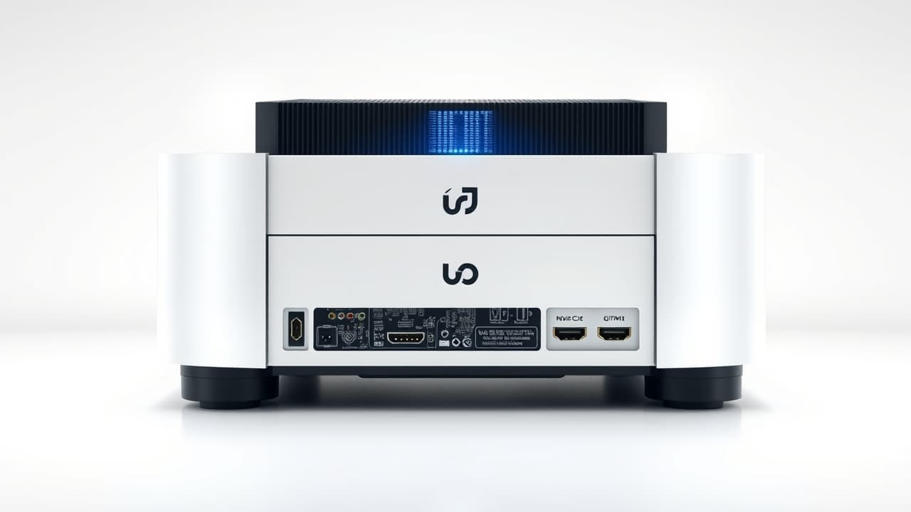 TV screen displaying high-resolution video content with a stereo receiver icon in the corner, symbolizing video pass-through