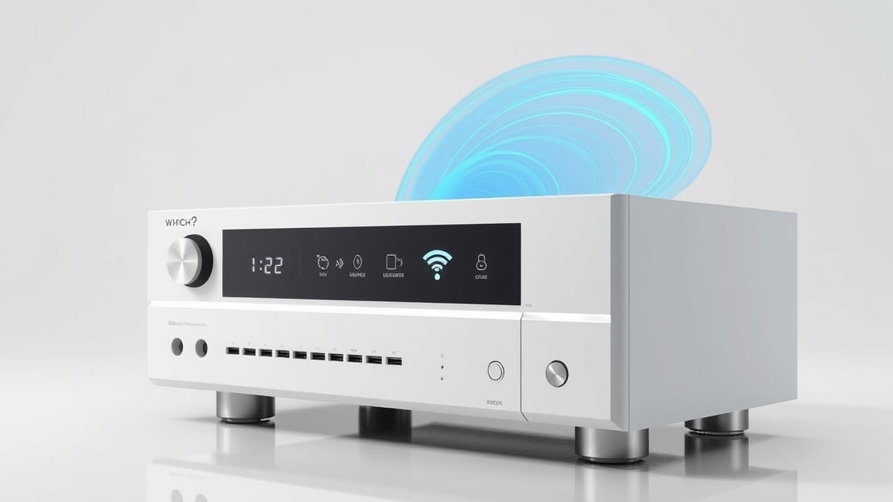 Smartphone wirelessly connected to a stereo receiver, showing icons for Wi-Fi, Bluetooth, and streaming services