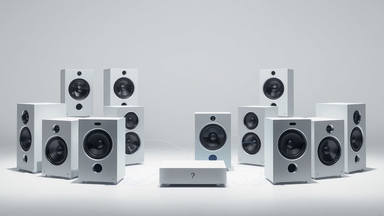 Various audio cables and wireless symbols representing different connectivity options for surround sound systems.