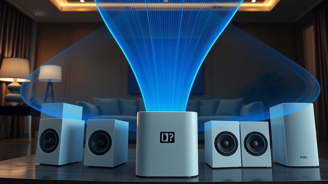 A graphic illustrating sound waves moving in three dimensions, representing Dolby Atmos or DTS:X audio.