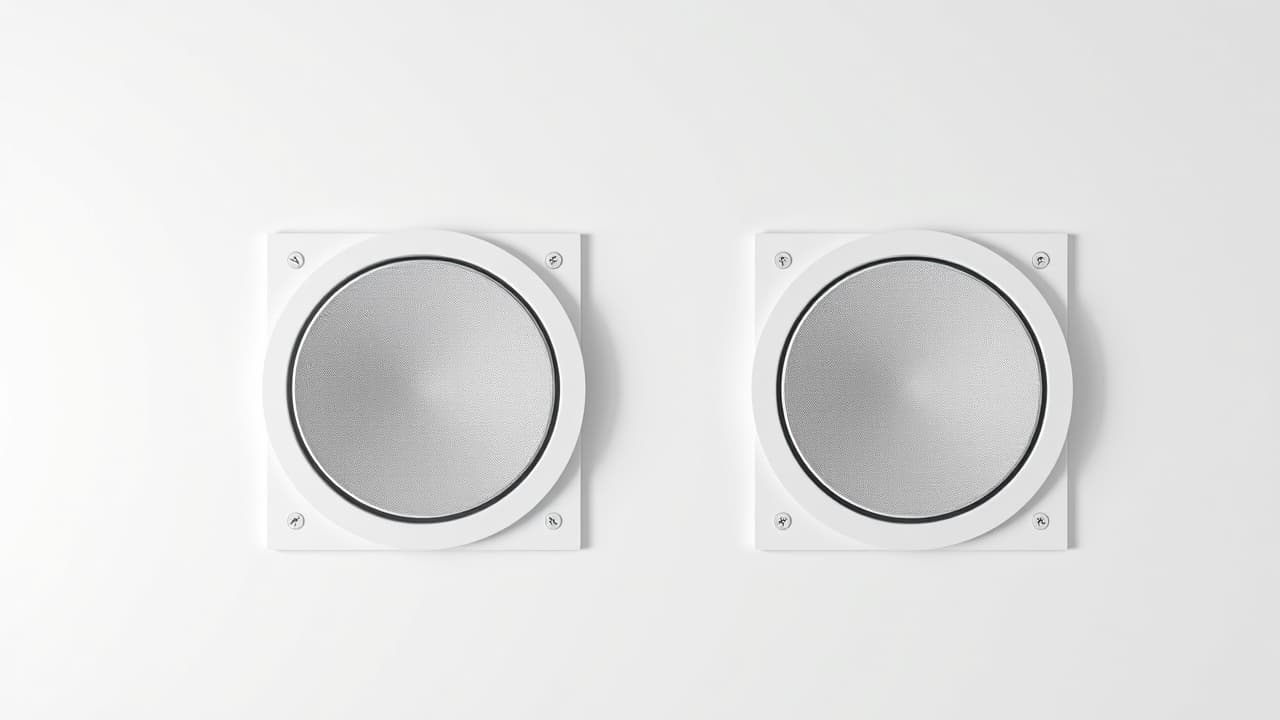 A close-up of a discreet in-ceiling speaker blending seamlessly into a modern ceiling.