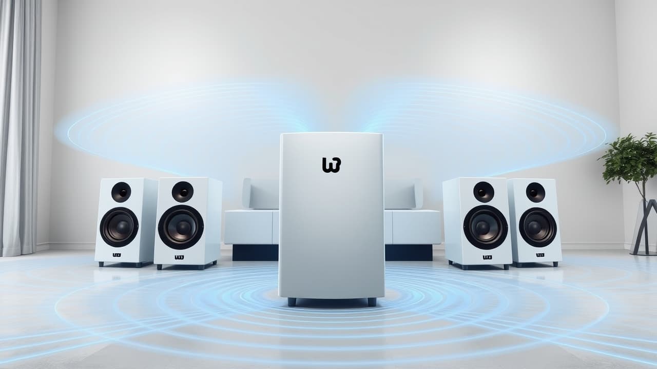 A person using a smartphone app to calibrate a surround sound speaker system in a living room.